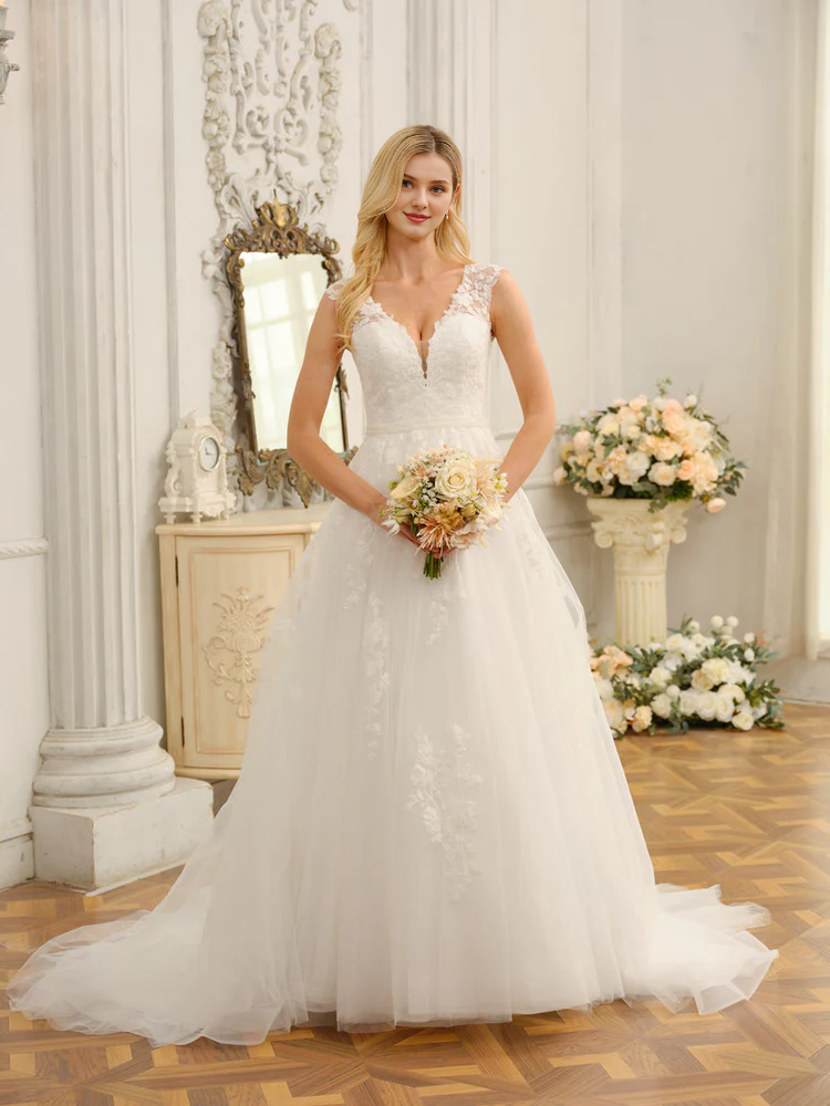 Vestido de novia largo con escote en V, sin mangas, con apliques y cuentas
