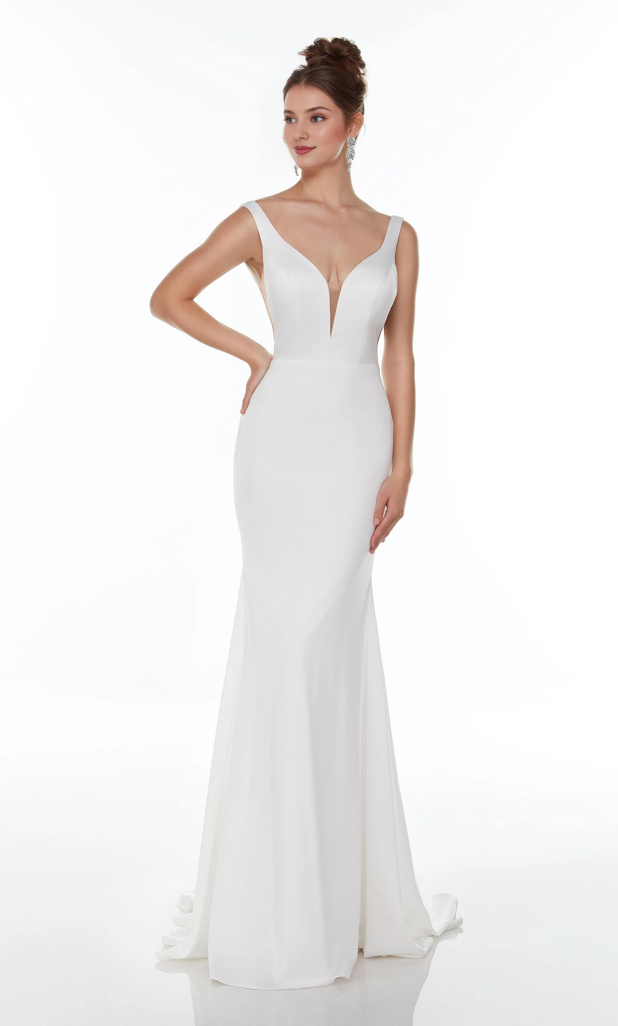 Perfect satin deep V-neck slim fit trumpet shaped backless wedding dresses