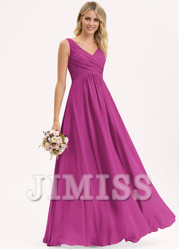 Abito da damigella d'onore in chiffon plissettato, lungo fino al pavimento, con scollo a V e linea ad A