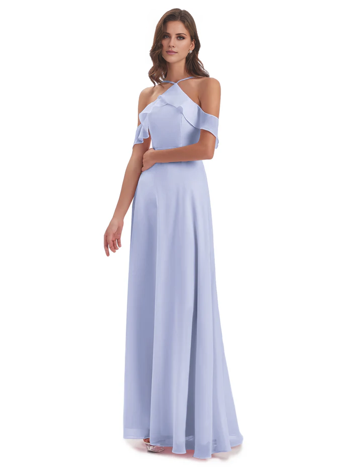 Tight off shoulder chiffon long and floor length bridesmaid dress