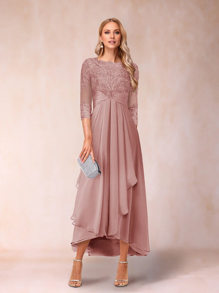 Slate Blue A-Line High-Low Evening Dress with Lace Bodice & Boat Neck