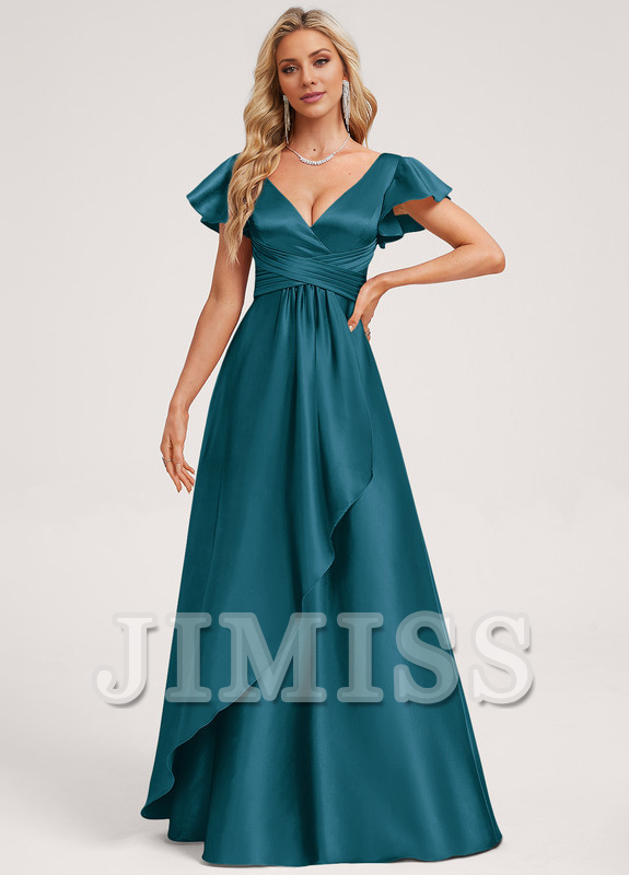 Vestido de dama de honor de satén con volantes, escote en V y largo hasta el suelo