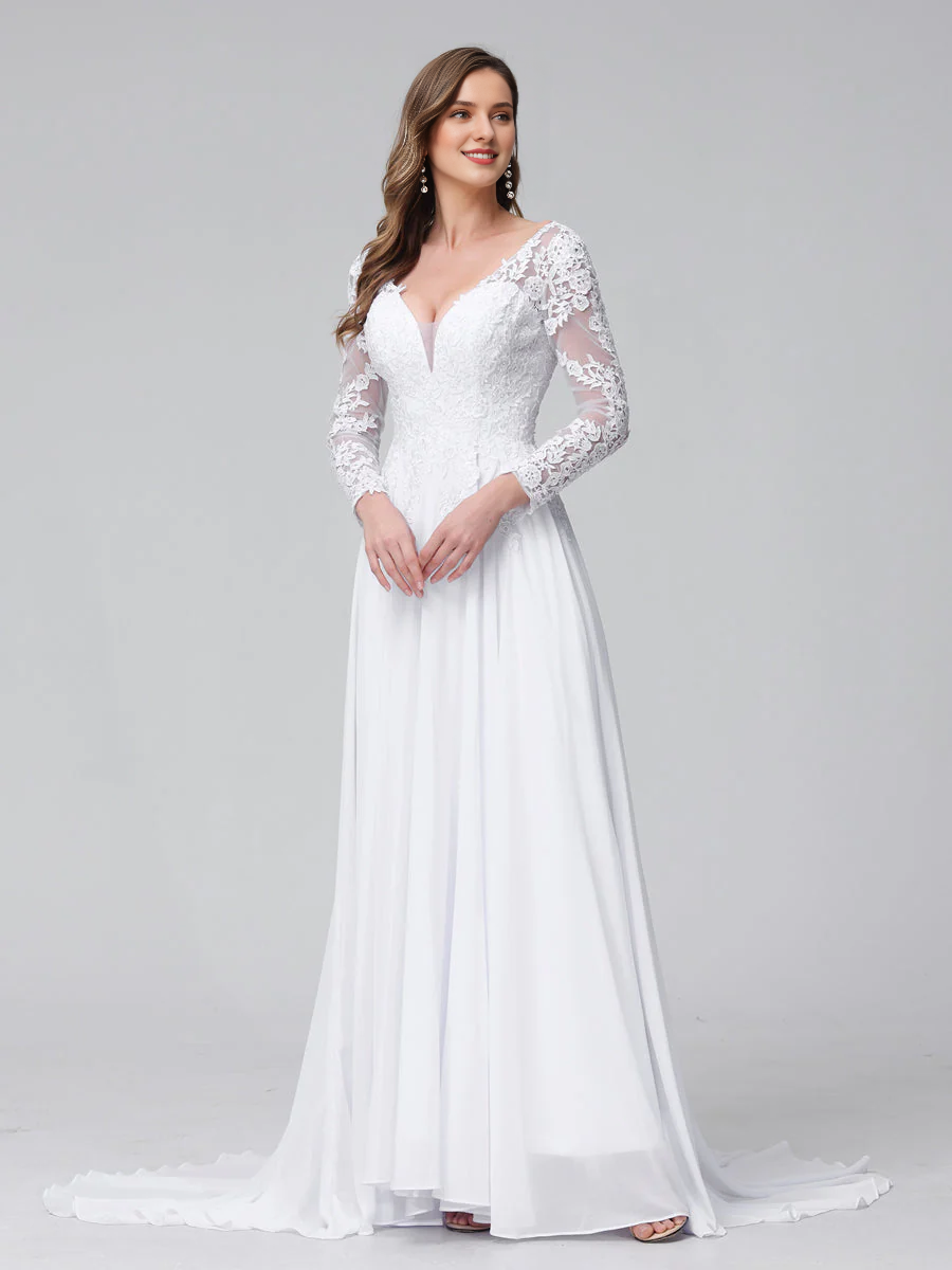 White Chiffon A-Line Floor-Length Dress with V-Neck & Lace Long Sleeves