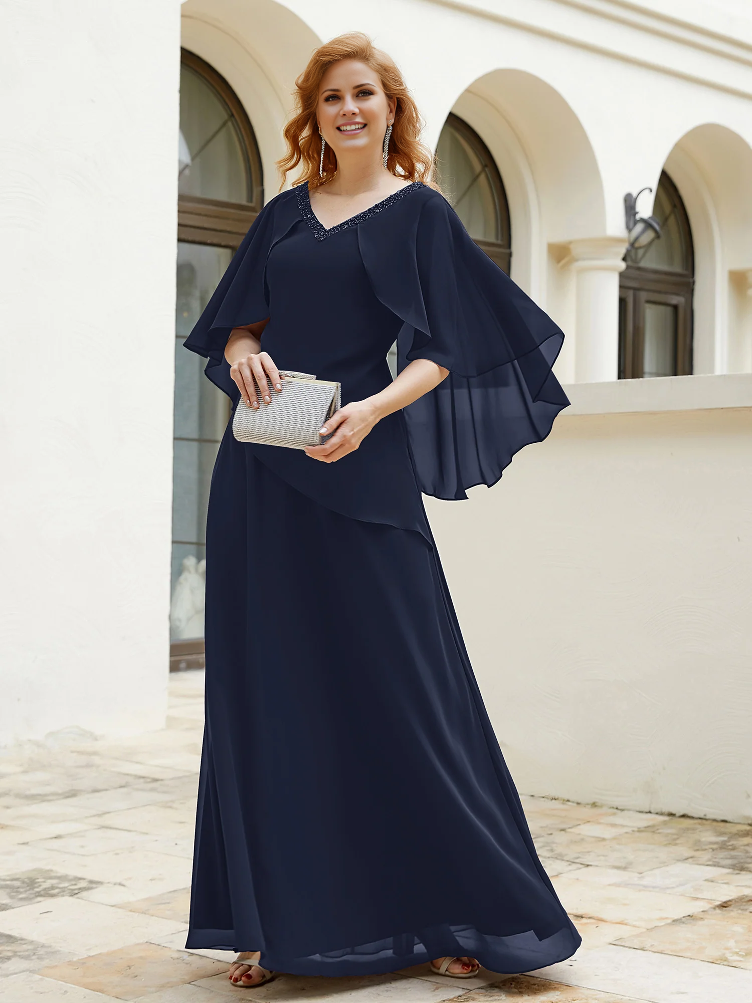 Purple Chiffon A-Line Floor-Length Dress with Beaded V-Neckline