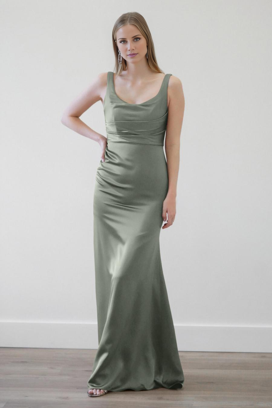 Vestido de noche Jimiss con escote cuadrado, plisado, sin espalda y largo hasta el suelo