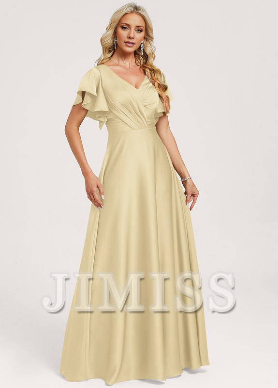 Vestido de dama de honor de satén con volantes, escote en V y largo hasta el suelo