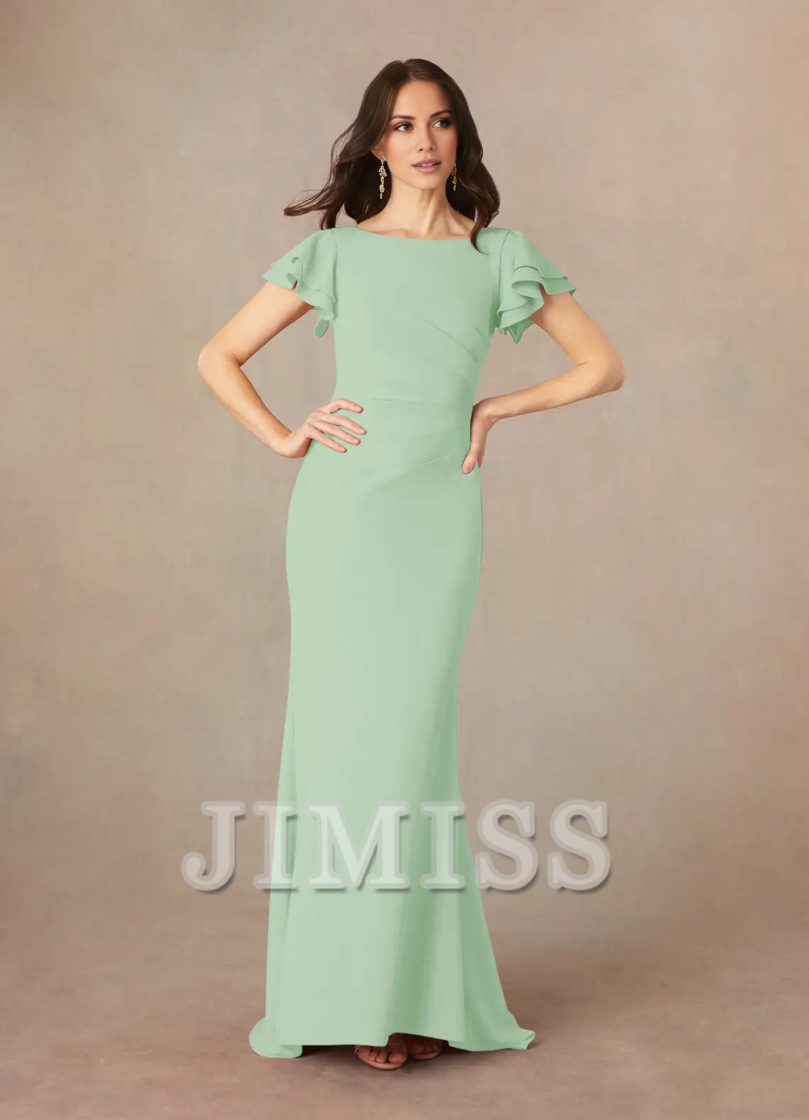 Burgundy Crepe Boat Neck Flutter Sleeve Floor-Length Bridesmaid Dress