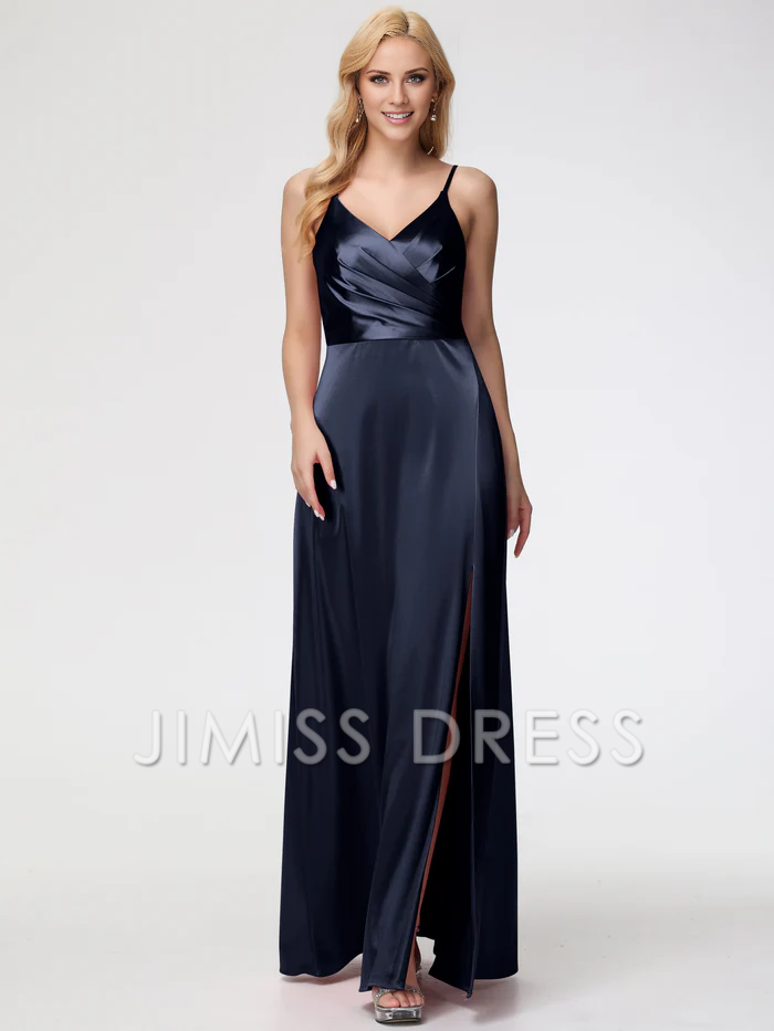 Vestido de fiesta Jimiss de satén plisado con escote en V y tirantes finos