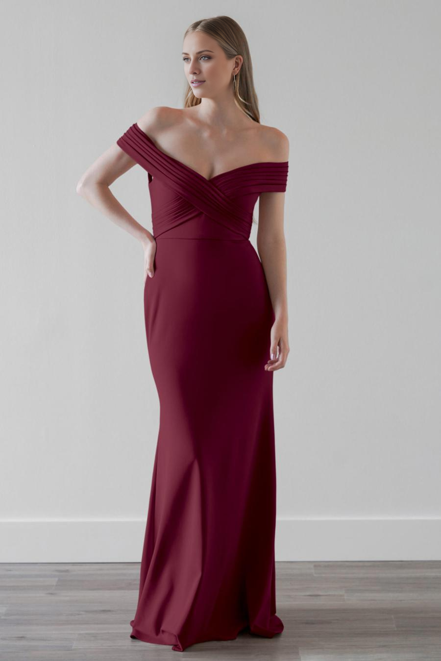 Vestido de noche Jimiss con hombros descubiertos, plisado, sin espalda y largo hasta el suelo