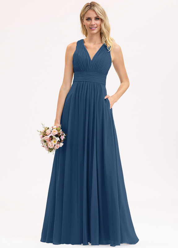 Vestido de dama de honor de gasa con escote en V, largo hasta el suelo y lazo con volantes