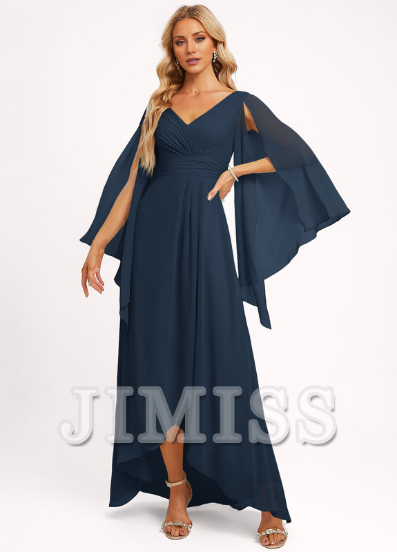 Vestido de dama de honor asimétrico de gasa con escote en V y volantes en forma de A