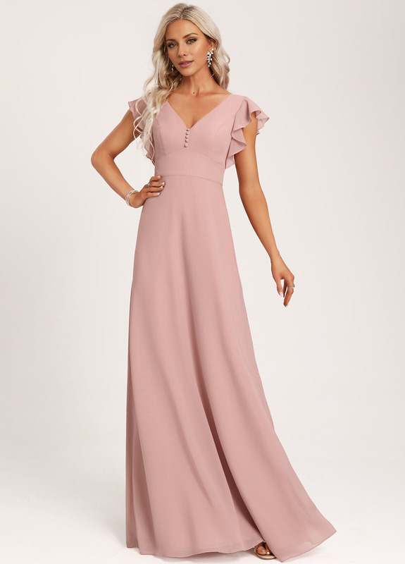 Dusty Rose Chiffon A-Line V-Neck Floor-Length Dress with Flutter Sleeves