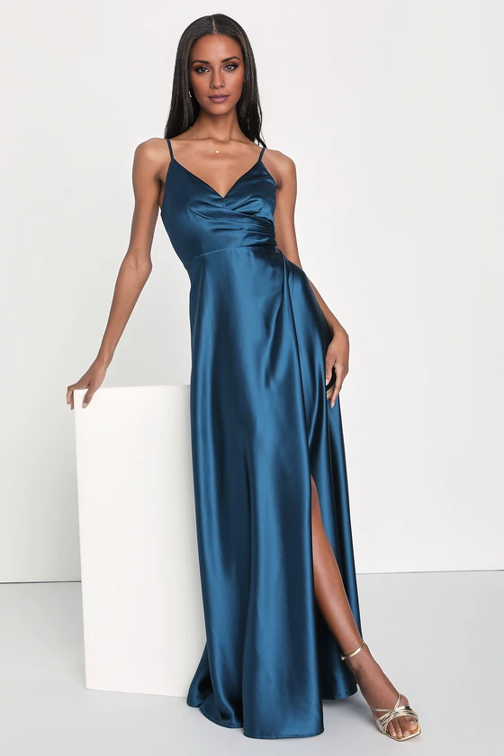 Vestido de noche Jimiss con escote en V, hombros descubiertos, sin mangas, tirantes finos, espalda descubierta, abertura lateral y largo hasta el suelo