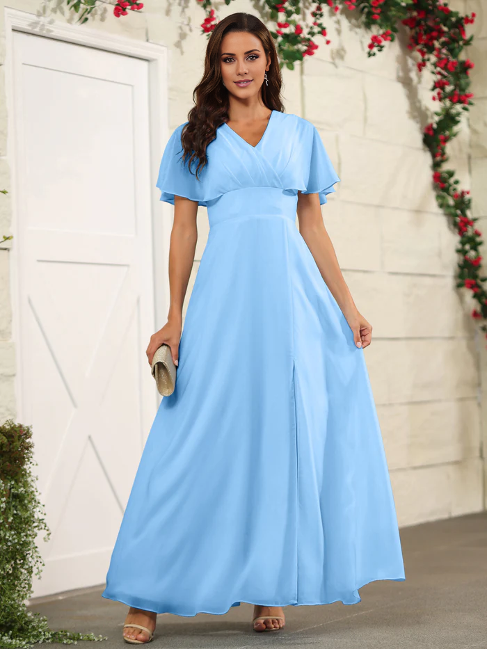 Chiffon short sleeved V-neck slit and floor length bridesmaid dress