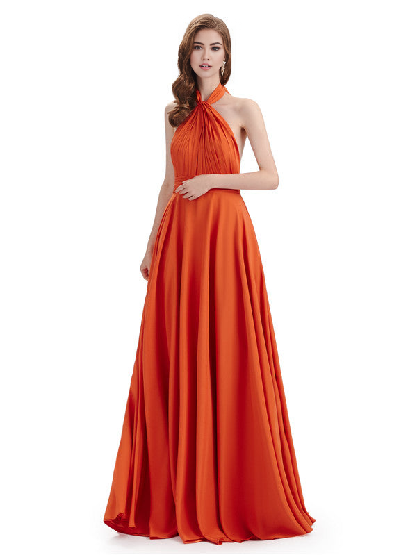 Simple A-Line High Neck Halter Sleeveless Pleats Chiffon Floor Length Bridesmaid Dresses