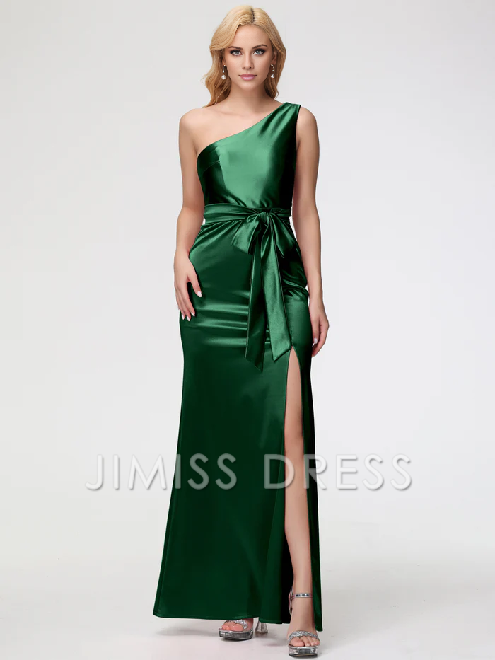 Jimiss single shoulder trumpet/mermaid sleeveless pleated satin Prom dress