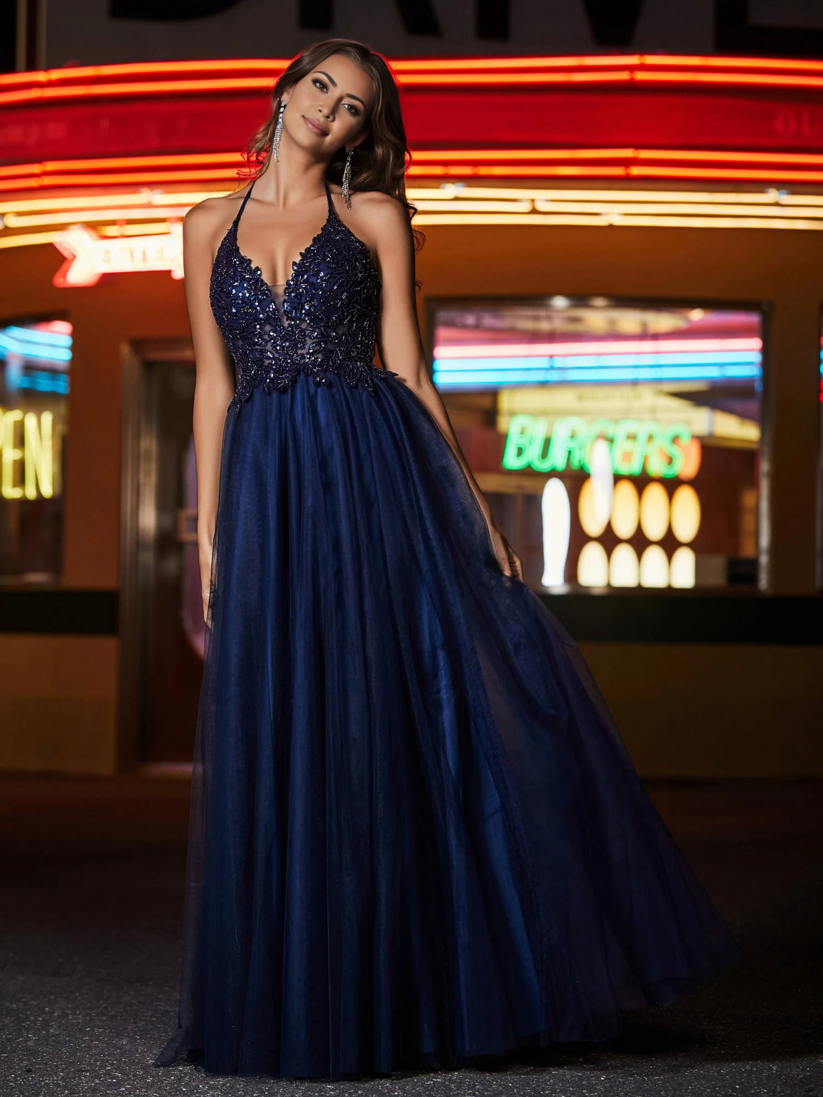 Dark Navy Sequin Tulle A-Line Floor-Length V-Neck Backless Evening Gown