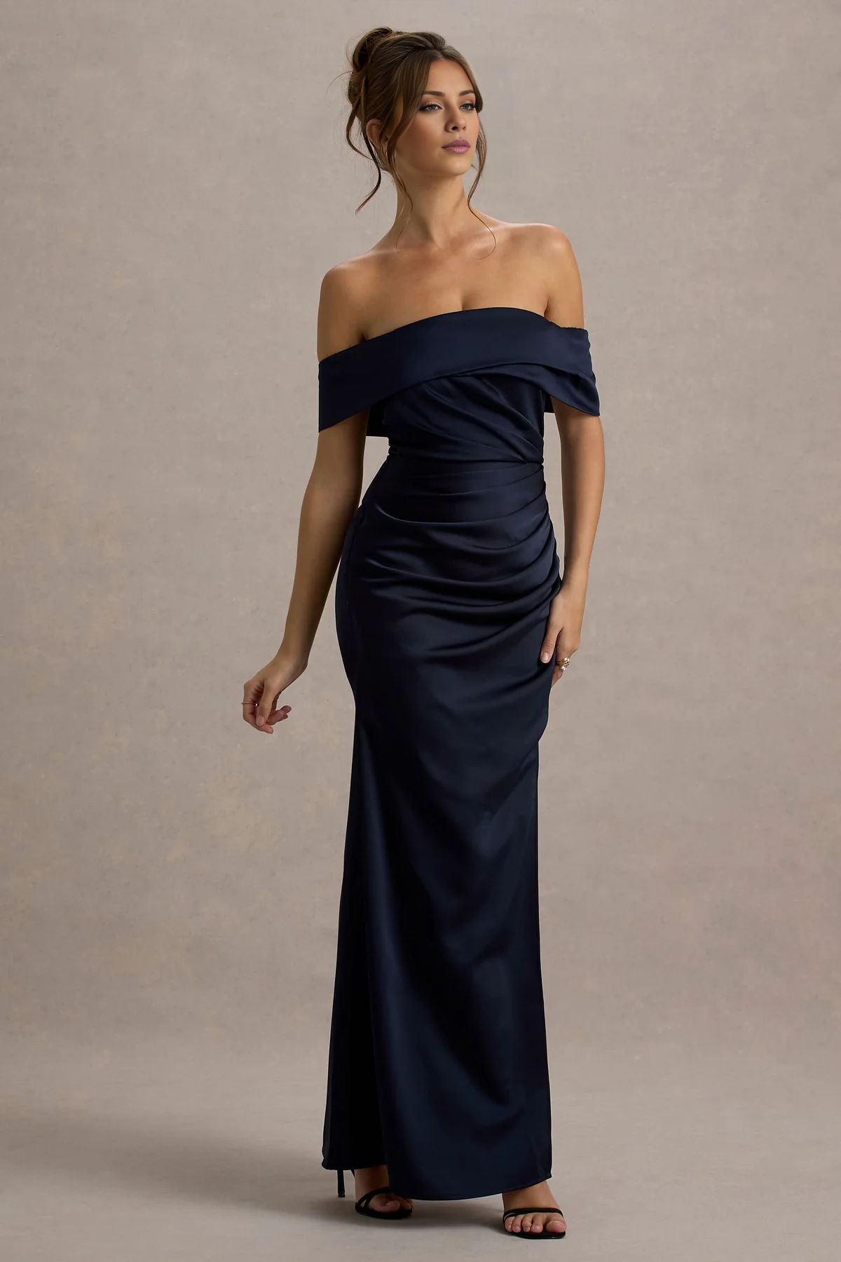 Off shoulder collar satin wrap and floor length evening dress - jimiss dress