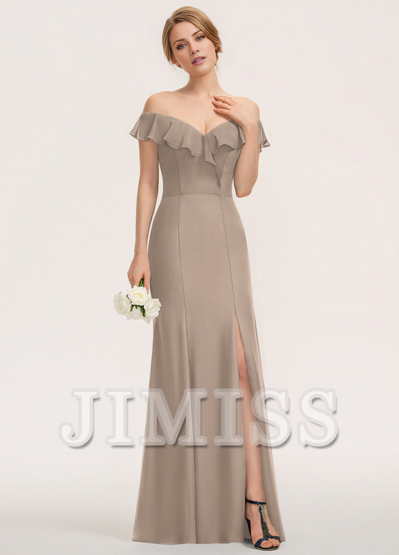 Vestido de dama de honor de gasa hasta el suelo, ajustado, con volantes escalonados y sin tirantes con columnas