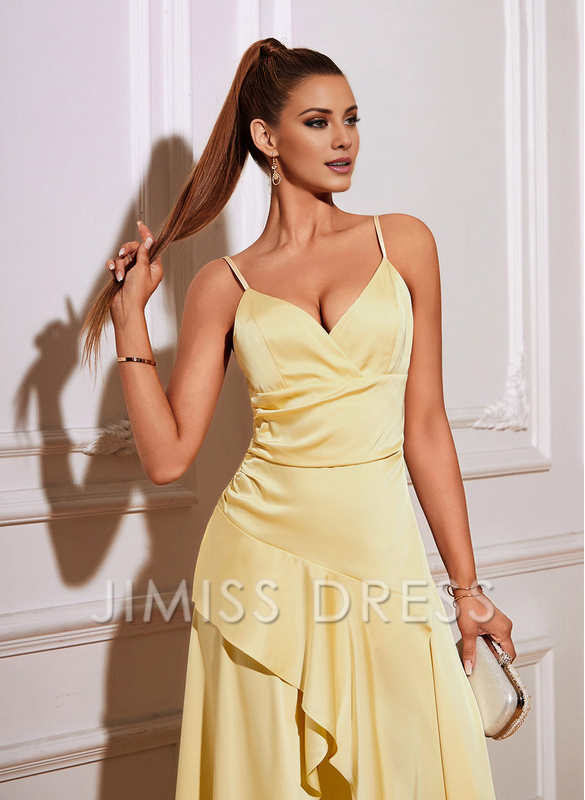 Vestido de fiesta Jimiss de satén plisado, asimétrico, con escote en V y corte A