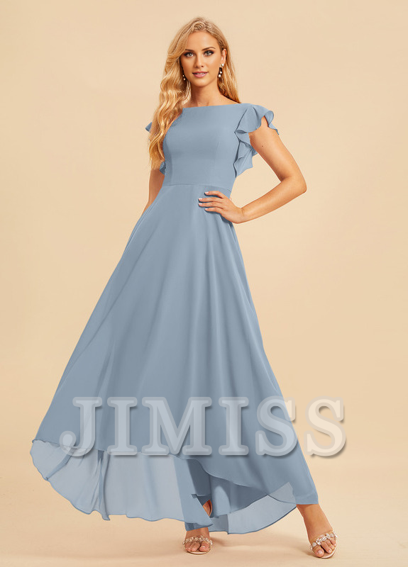 Vestido de dama de honor asimétrico de gasa con escote en A y volantes