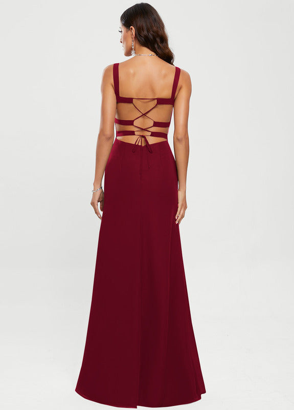 Tight straight V-neck floor-length chiffon prom dress