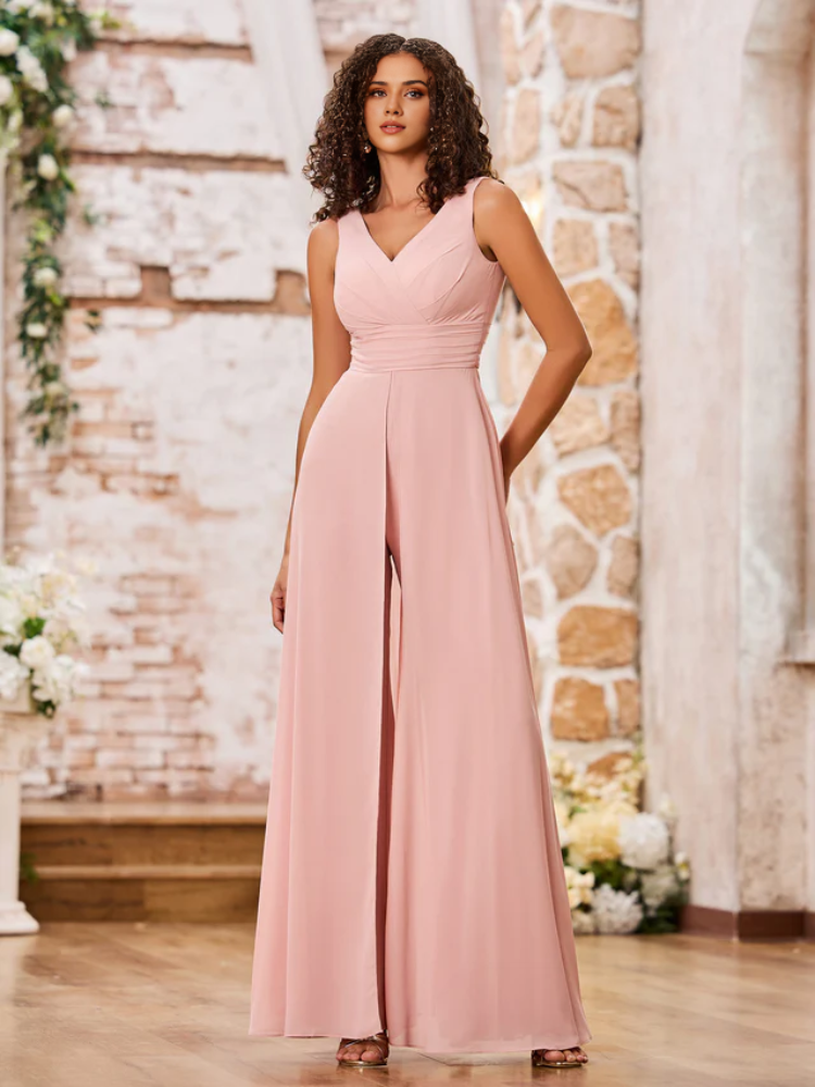 Chiffon Spaghetti-Strap V-Neck Ruched Bodice Wide-Leg Floor-Length Bridesmaid Jumpsuits