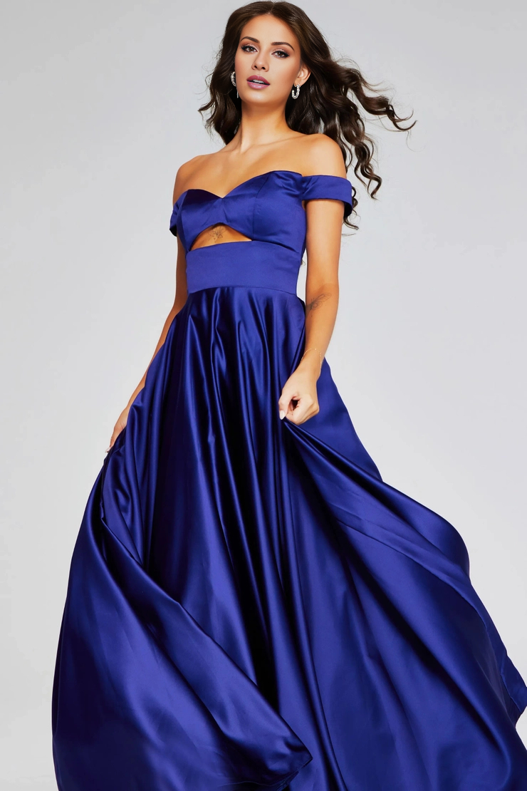 Royal Blue Satin Off-the-Shoulder A-Line Floor-Length Evening Dress