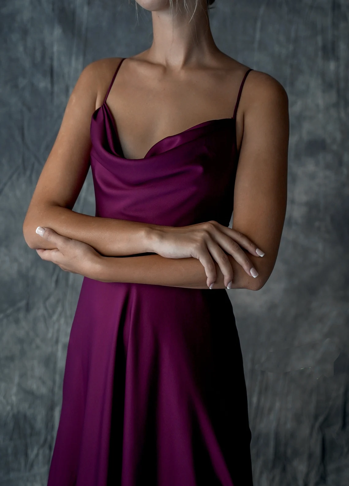 Burgundy Satin Cowl Neck Midi Sheath/column Dress