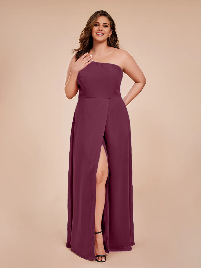 Plus size one shoulder side slit chiffon bridesmaid dress