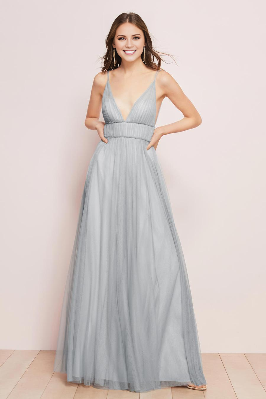 Dusty Blue Tulle A-Line Floor-Length Bridesmaid Dress | Ruched V-Neck & V-Back