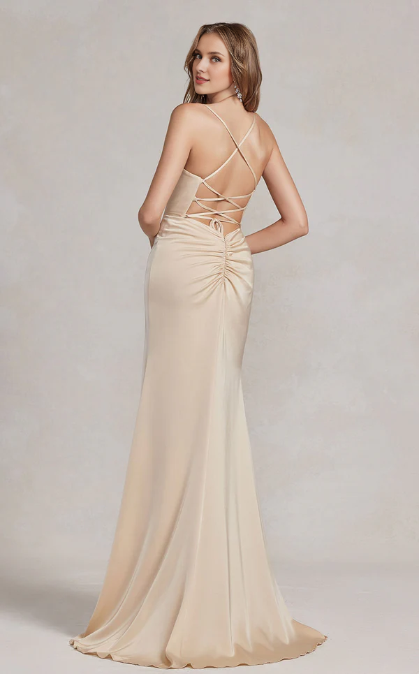 A-line sleeveless thin shoulder strap fitted tight corset slit and floor length Prom dress