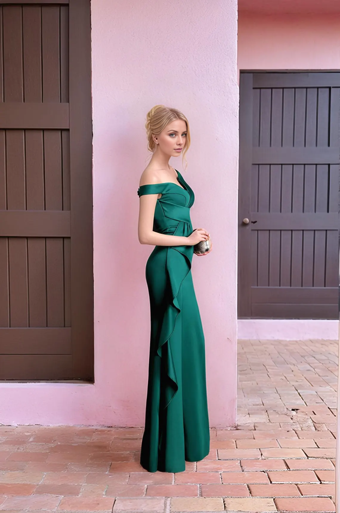 Vestido de fiesta Jimiss con cuello de hombros descubiertos, bordes con volantes, abertura lateral y largo hasta el suelo 