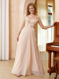 Blushing Pink Chiffon A-Line Floor-Length Gown with Illusion Neck & Beaded Lace Bodice