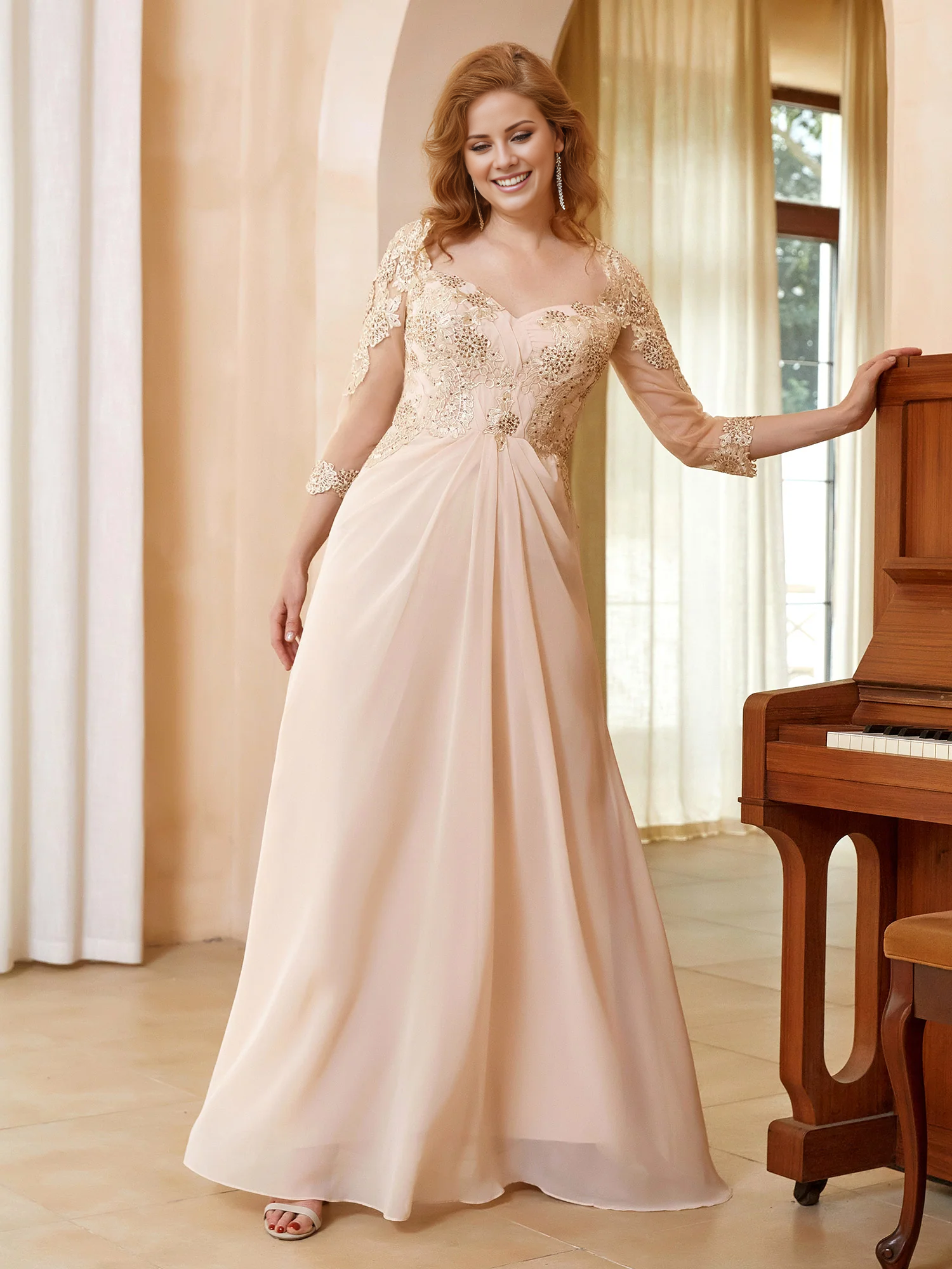 Blushing Pink Chiffon A-Line Floor-Length Gown with Illusion Neck & Beaded Lace Bodice