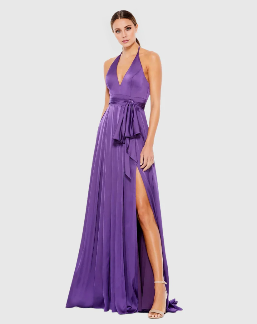 Vestido de noche largo hasta el suelo de satén, sin mangas, con escote halter y escote en V y abertura lateral