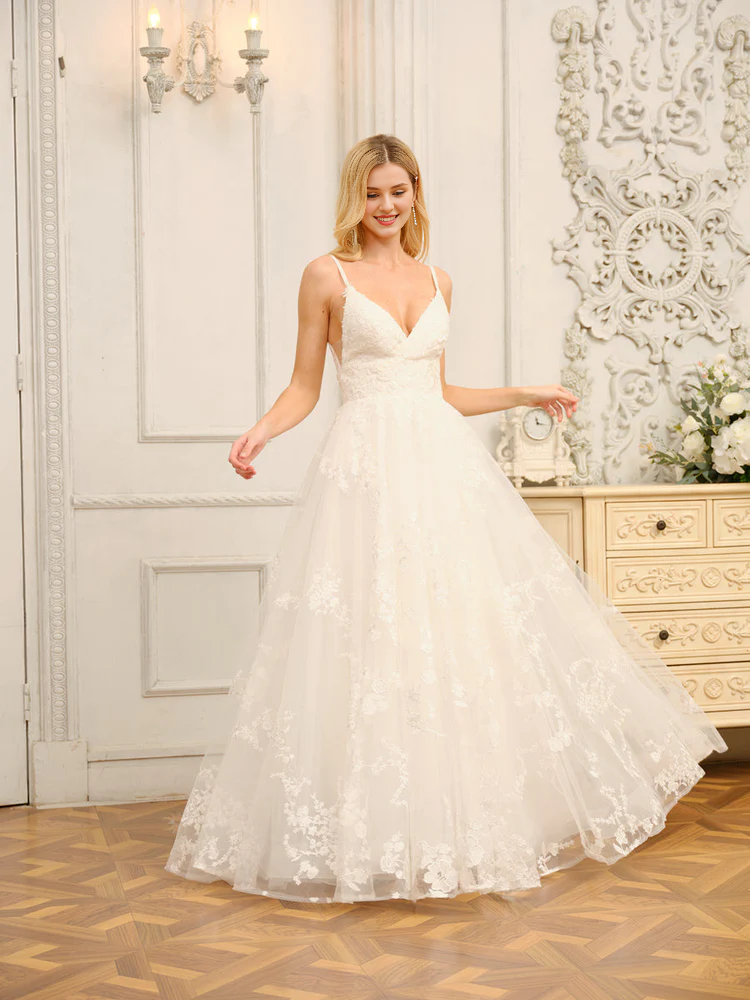Abito da sposa lungo senza maniche con scollo a V, spalline sottili, stile principessa, a trapezio