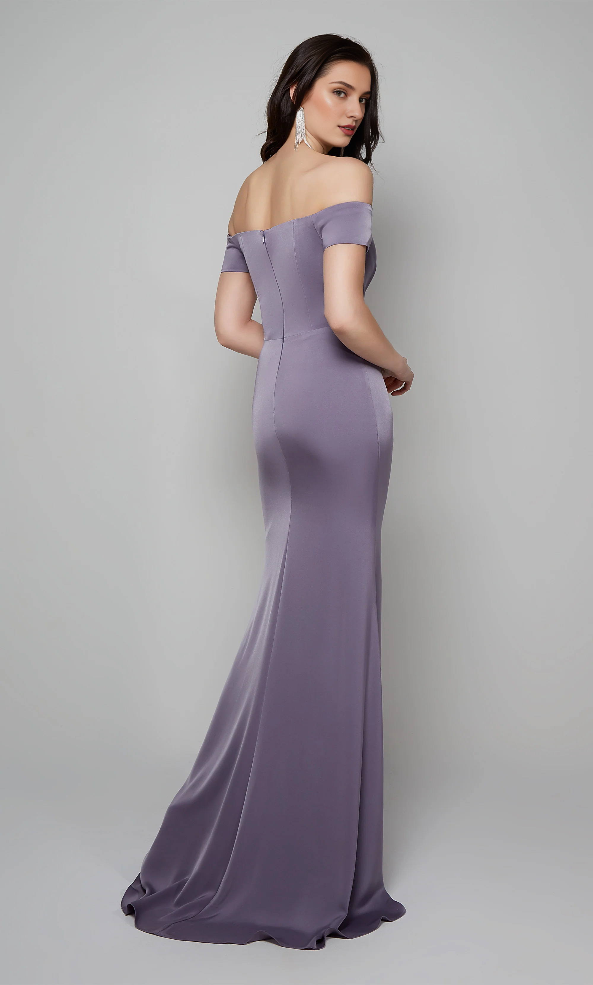 Lavender Satin V-Neck Sheath/column Floor-Length Dress with Draped Bodice & High Slit