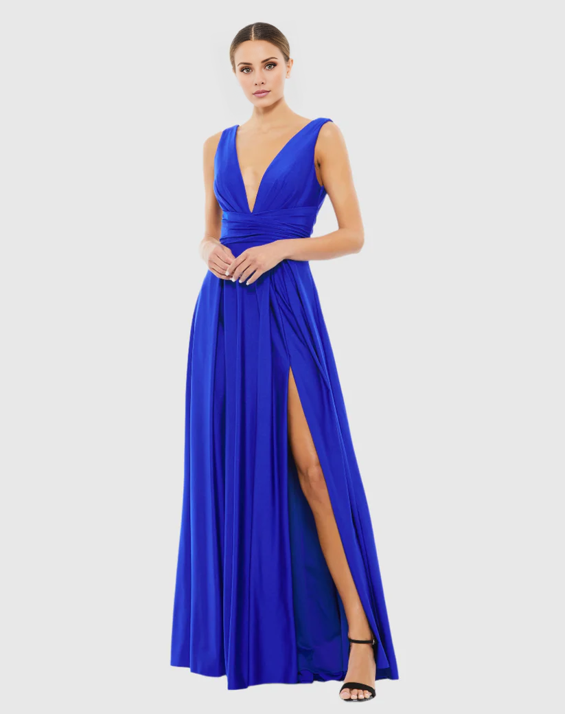 Vestido de noche largo hasta el suelo con escote en V profundo, sin mangas y espalda descubierta con abertura lateral
