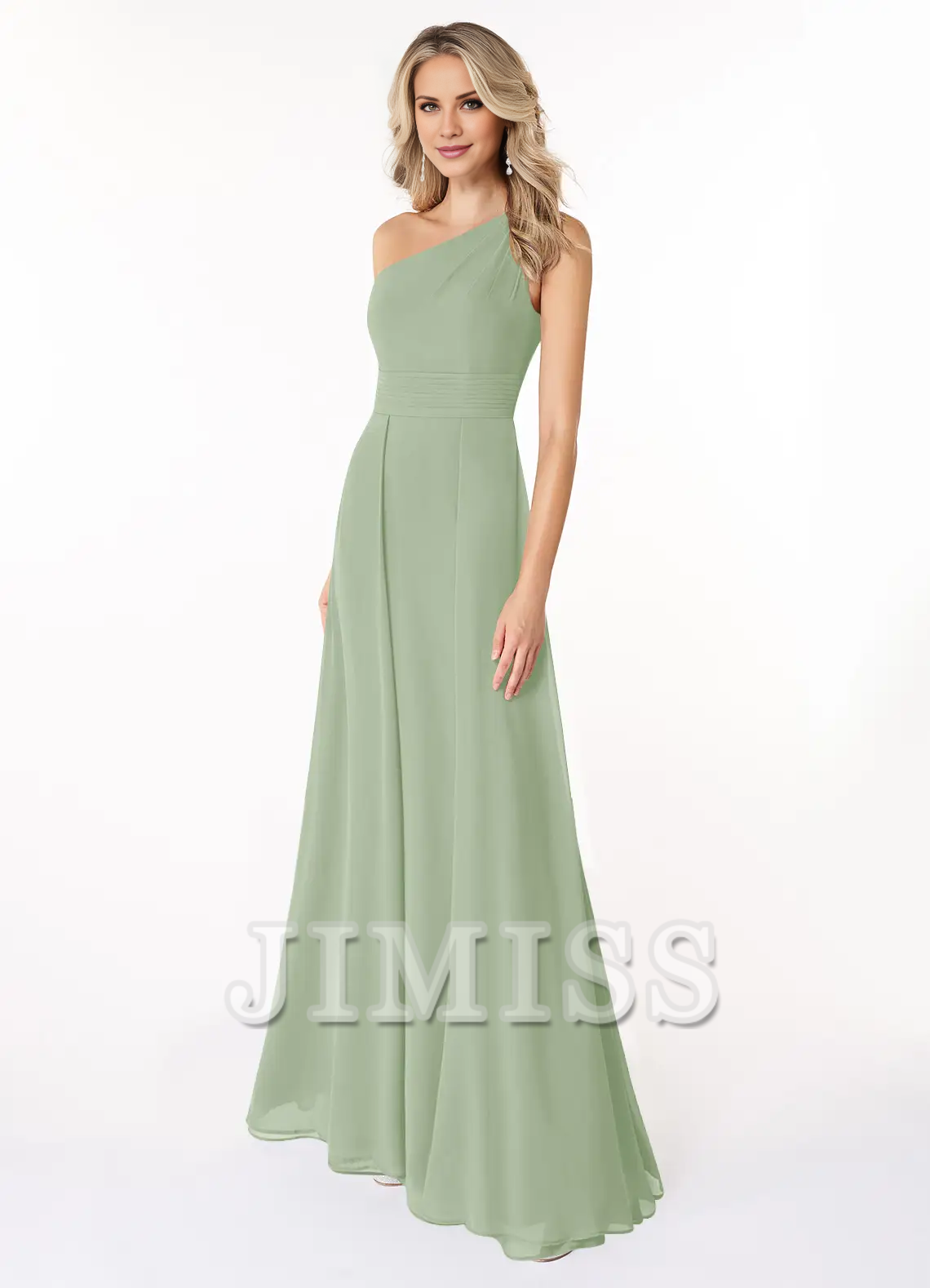 Vestido de gasa con hombros en forma de A y vestido de dama de honor largo hasta el suelo - Vestido Jimiss 