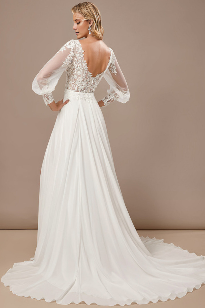Ivory Lace A-Line V-Neck Floor-Length Bridesmaid Dress with Puffed Sleeves