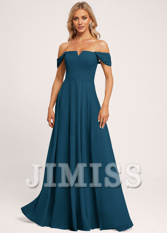 Abito da damigella d'onore in chiffon a trapezio, con spalle scoperte e lunghezza fino al pavimento