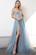 Dusty Blue Glitter Tulle A-Line Floor-Length Evening Dress with Sweetheart Neckline and High Slit