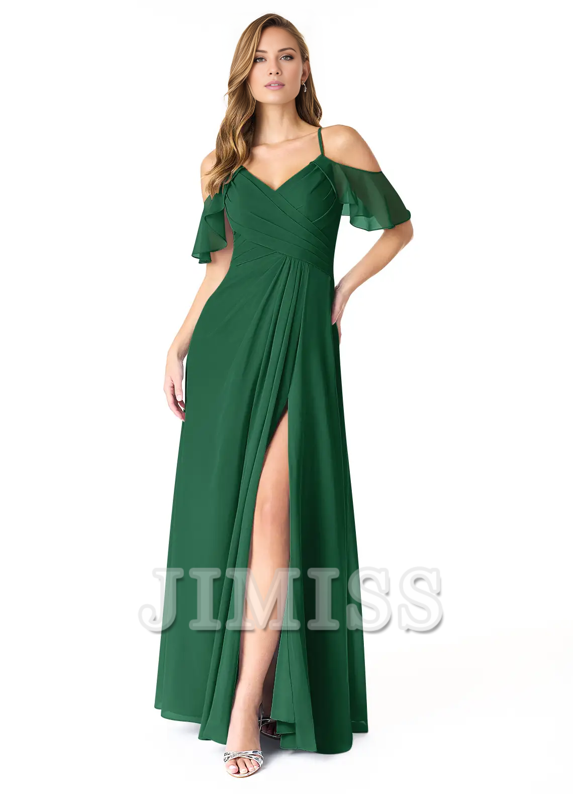 Vestido de dama de honor de gasa plisada con escote en V, corte A, abertura lateral y largo hasta el suelo - Vestido Jimiss 