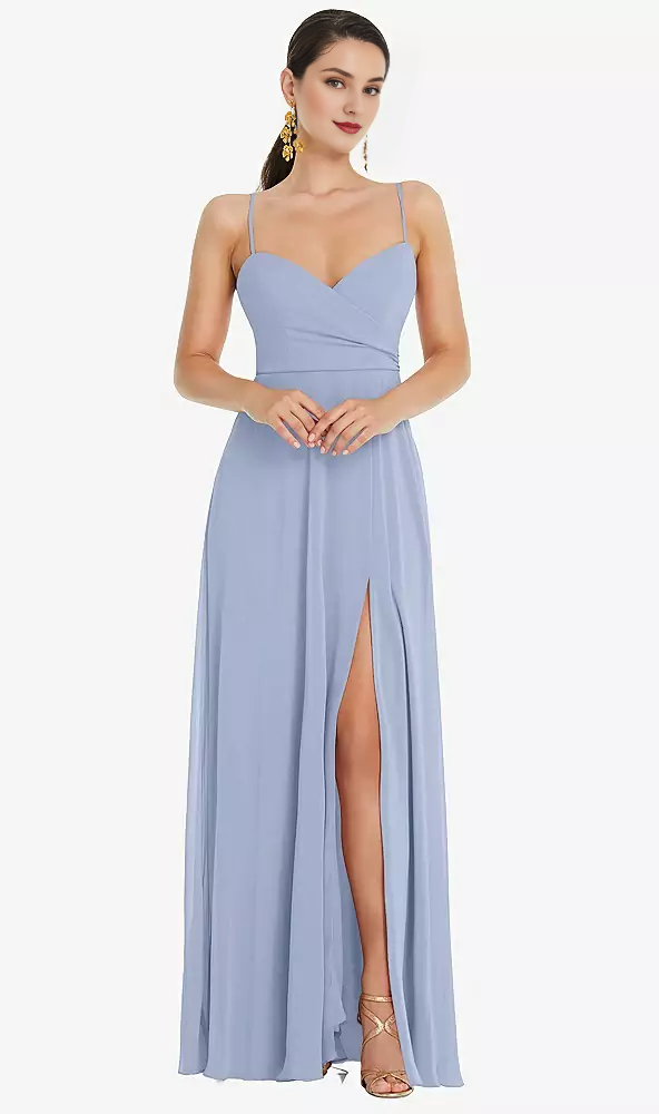 Vestido de fiesta cruzado con tirantes y abertura frontal ajustable