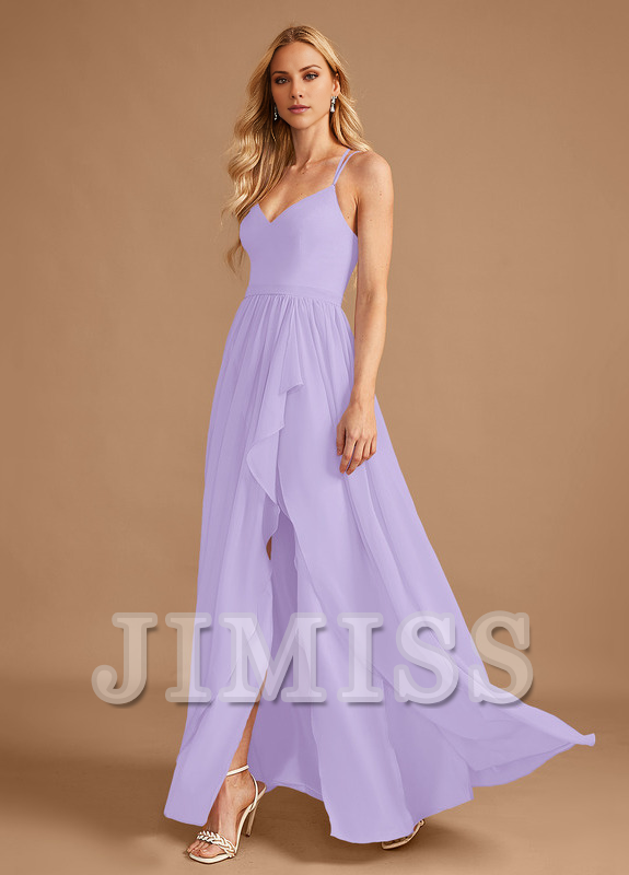 Vestido de dama de honor de gasa con volantes asimétricos y escote en V en forma de A