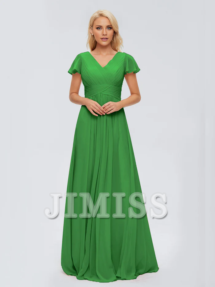 Abito da damigella d'onore in chiffon con scollo a V, spacco laterale e lunghezza al pavimento