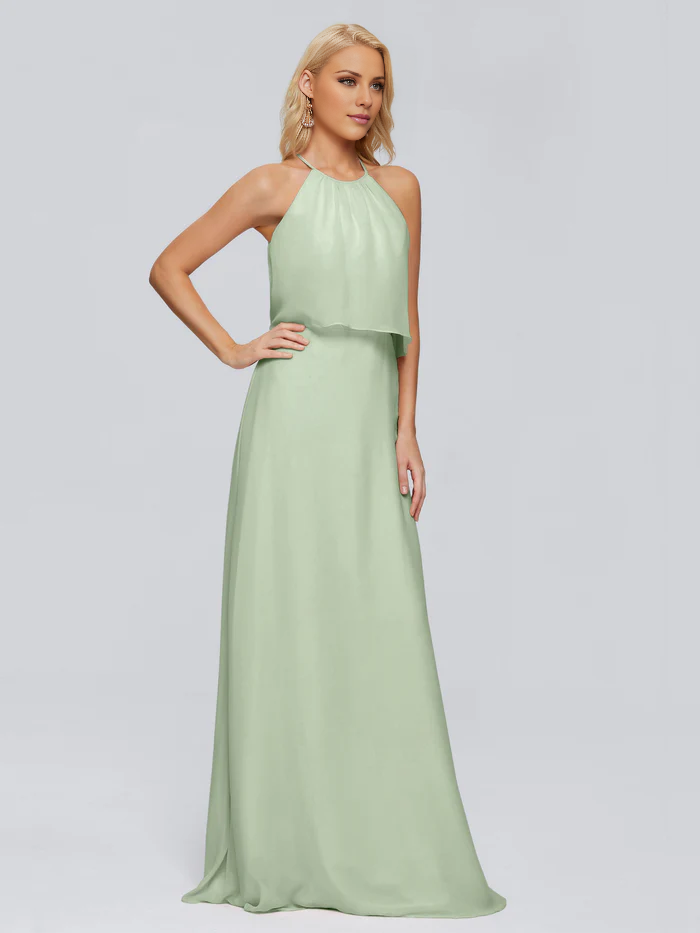 Vestido de dama de honor largo hasta el suelo en gasa con escote halter