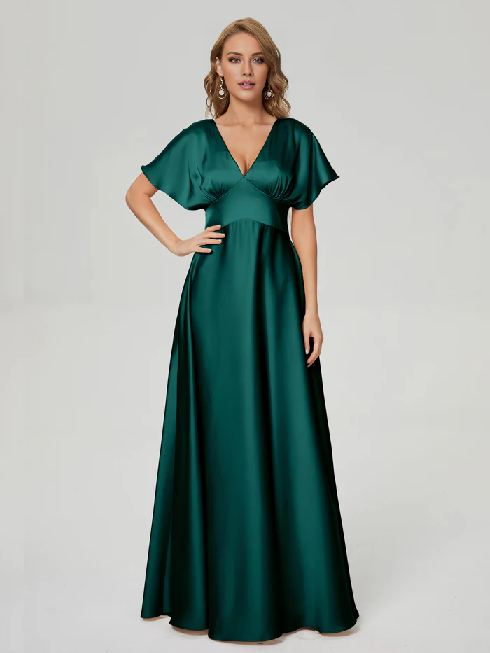 Vestido de fiesta Jimiss con escote en V, manga corta y largo hasta el suelo