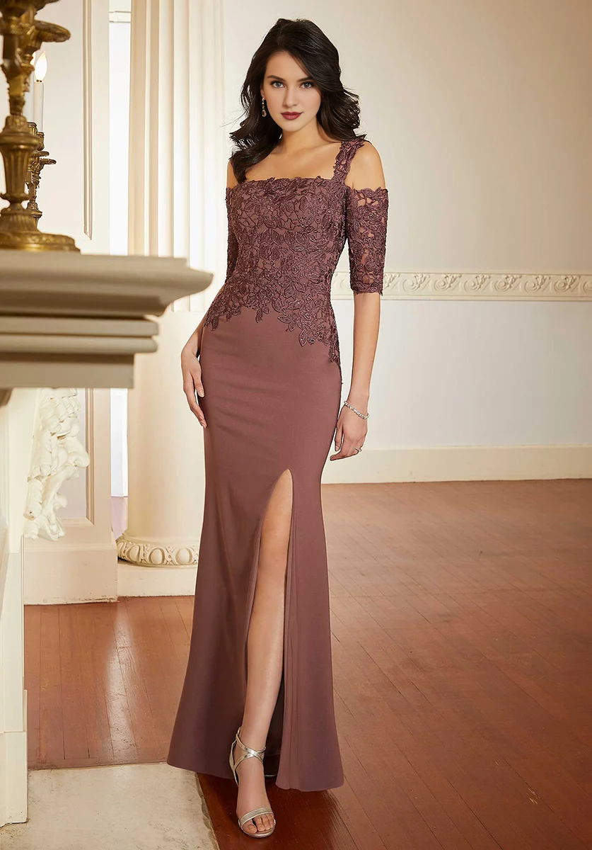 Mulberry Sheath Floor-Length Evening Dress with Off-the-Shoulder Lace & High Slit